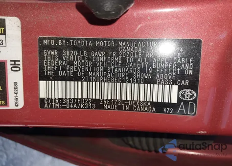 2014 Toyota Corolla S Plus from USA, damaged, VIN 2T1BURHE8EC121910